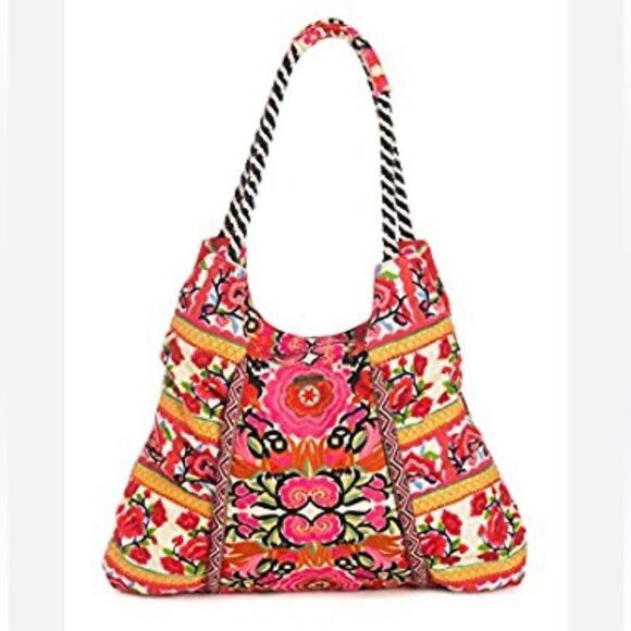 Rip Curl Vibrant Pink Red Embroidered Floral Soft Cotton Canvas Boho Tote Bag - Picture 1 of 16